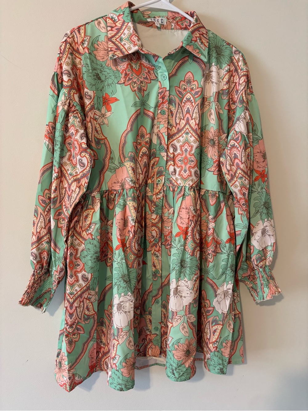Summer Mint Green Paisley Floral Button-Up Babydoll Concert Dress